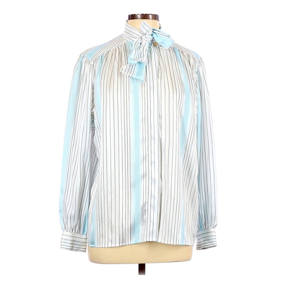 Evan Picone 12 white/blue stripe bow button up long sleeve classic core top